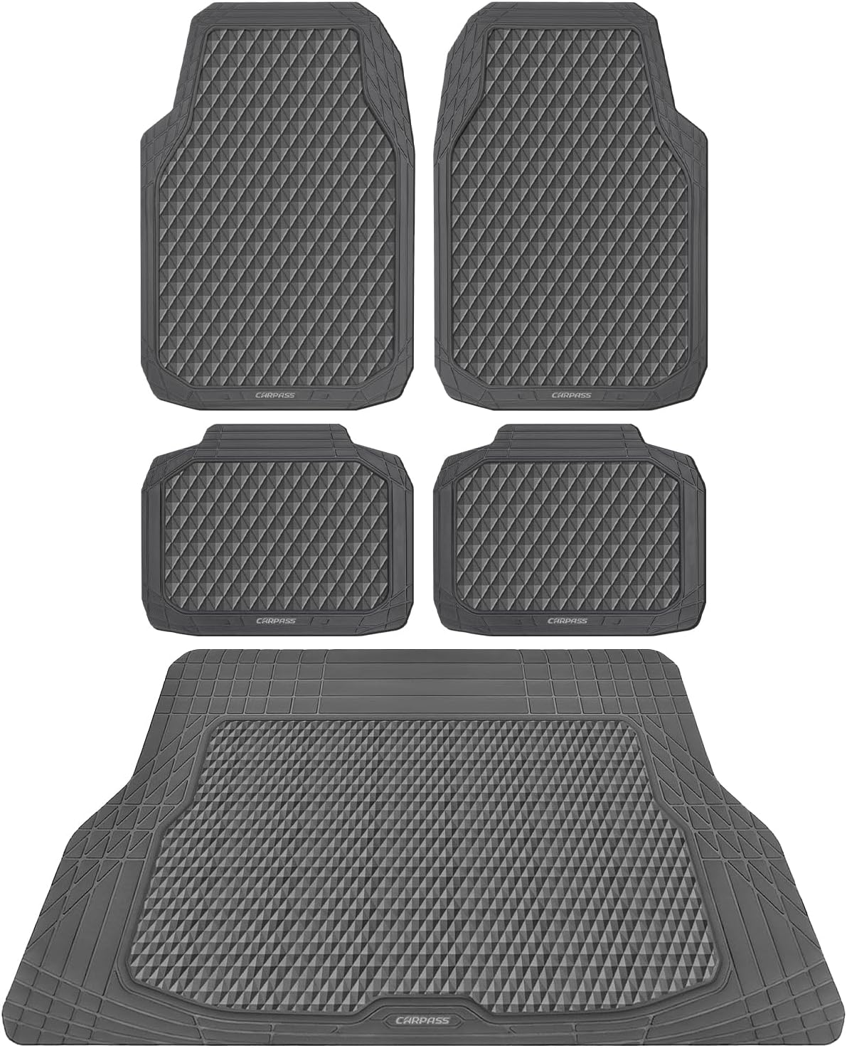 CAR PASS Gray Rubber Car Floor Mats & Cargo Liners, Durable Anti-Slip 3D Rhombus Waterproof Automotive Pad Trim Fit Liner All-Weather Trunk Mats Full Set Universal Fit Auto Van Sedan SUV Truck Gray