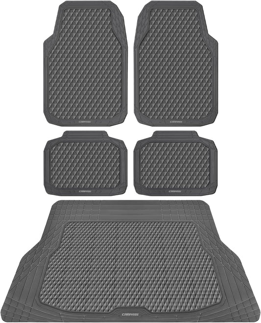 CAR PASS Gray Rubber Car Floor Mats & Cargo Liners, Durable Anti-Slip 3D Rhombus Waterproof Automotive Pad Trim Fit Liner All-Weather Trunk Mats Full Set Universal Fit Auto Van Sedan SUV Truck Gray