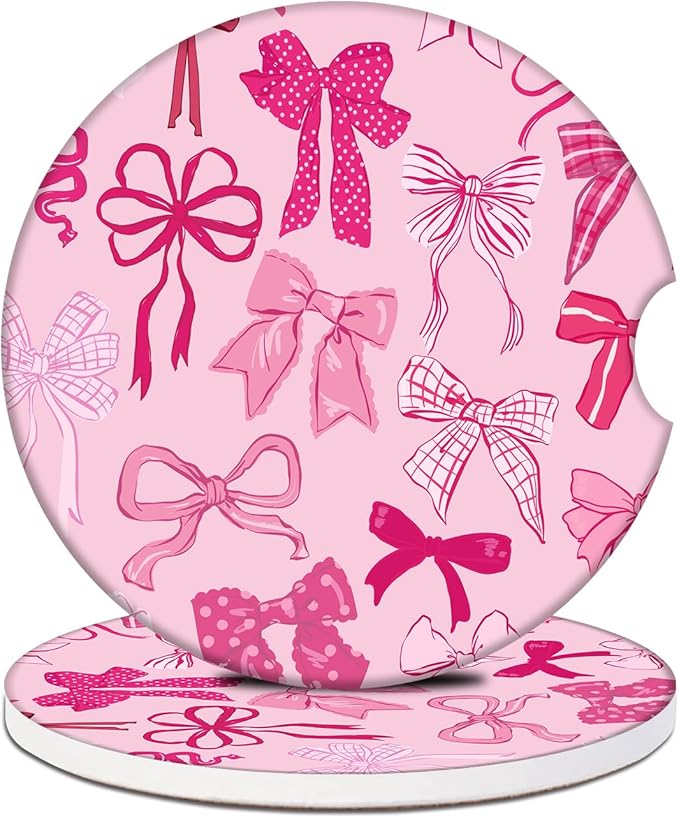 Pink Bow Car Coasters for Cup Holders, Absorbent Ceramic Car Coaster Car Cup Holder Coaster Car Accessories for Women Men (2 Pack)