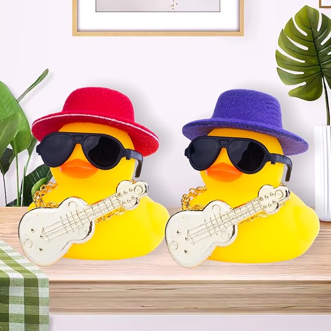 Car Rubber Duck Ornaments Yellow Duck Car Dashboard Decorations with Mini Top Hat Guitar Sunglasses Necklace(G5)