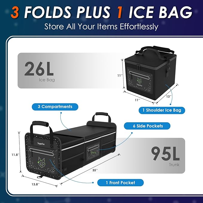 Trunk Organizer | 95L (35"x13.8"x11.8") | 26L Ice Pack Included | Fluorescent Constellation Design | Waterproof, Foldable with Adjustable Straps | for SUVs/Cars - Black-M004