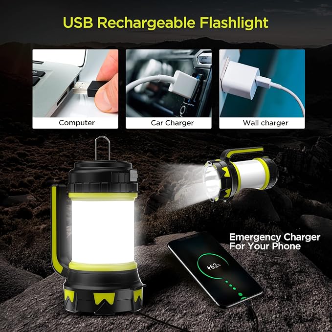 Rechargeable Flashlights Camping Lantern, 6 Modes LED Bright Flashlight 3000mAh Battery, IPX4 Waterproof, Emergency Flashlight Lantern for Outdoor， Hurricane, USB Cable Included-2 Pack