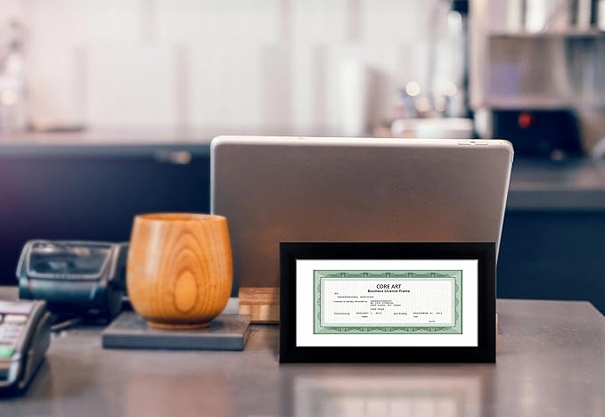 CORE ART 5x10 Business License Frame in Black, Professional Bank Check Frame 3.5x8 with Mat, High Definition Plexiglass, Wall or Tabletop Display(Set of 2)