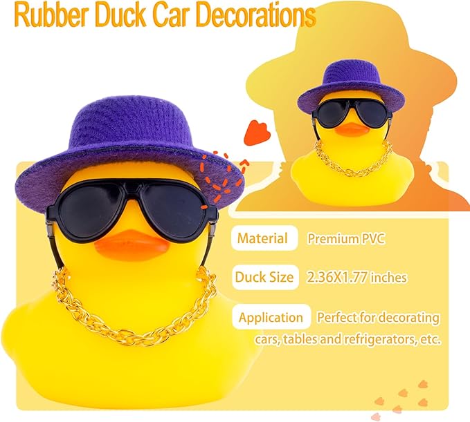 Rubber Duck Car Ornaments Duck Car Dashboard Decorations Accessories with Mini Top Hat Necklace and Sunglasses(T5)