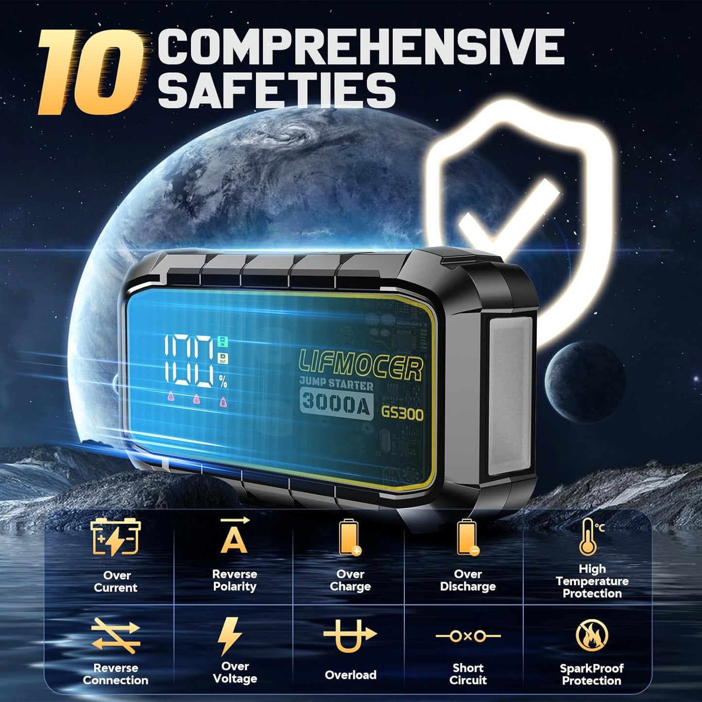 GS300 Jump Starter - 3000A Car Battery Jump Starter for Up to 10.0L Gas and 8.0L Diesel Engines, 12V Portable Jump Box with Storage Case USB Quick Charge, and LCD Display