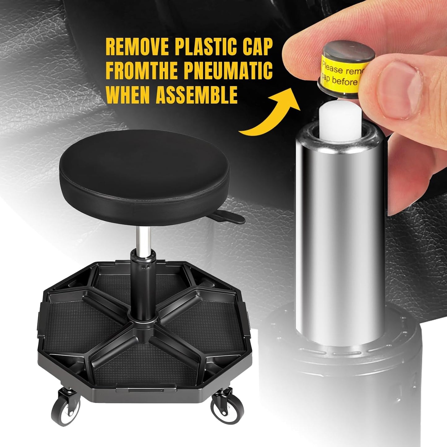 YELLOW JACKET Rolling Garage Seat with Wheels Adjustable Height Pneumatic Mechanic Stool 300Lbs Heavy Duty Shop Creeper Seat with 4 Removable Storage Tool Tray Workshop Chair for Auto Repair