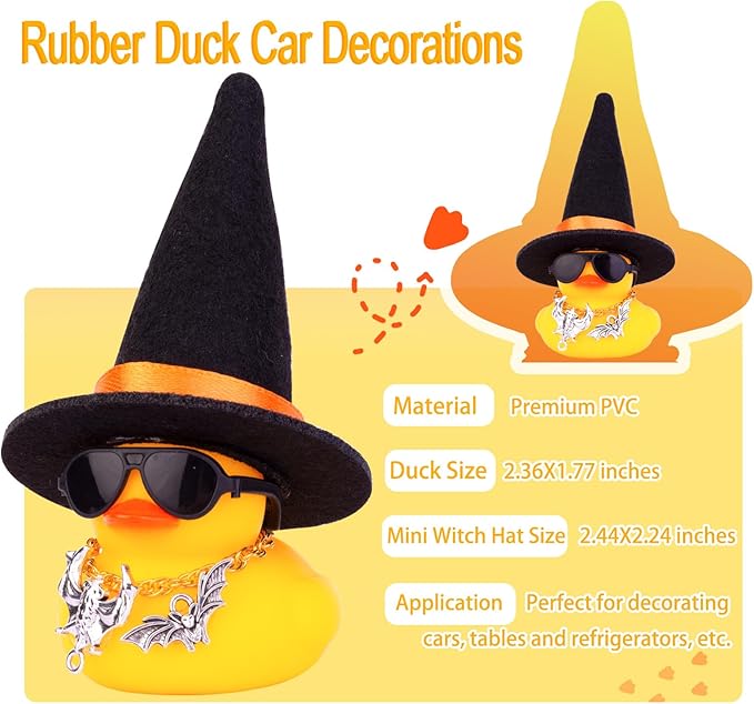 Car Rubber Duck Ornaments Halloween Duck Car Dashboard Decorations with Mini Witch Hat Sunglasses Necklace Halloween Accessories for Halloween Themed Gifts(W11-B&Orange Ribbon)
