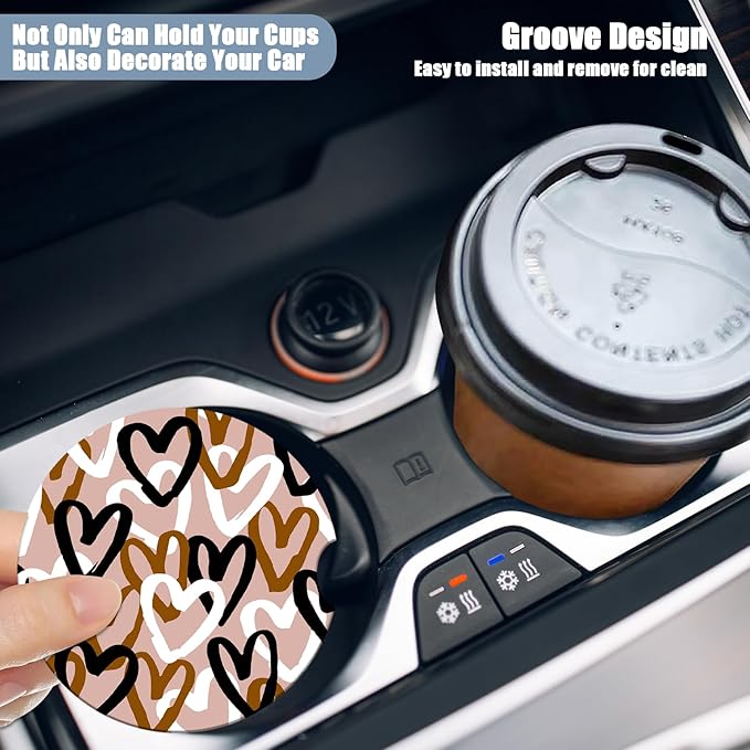 Car Cup Holder Coaster - Love Absorbent Ceramic Coaster 2 Pack, Car Coasters for Cup Holders, Fashion Car Interior Accessories Drink Coaster for Women & Men
