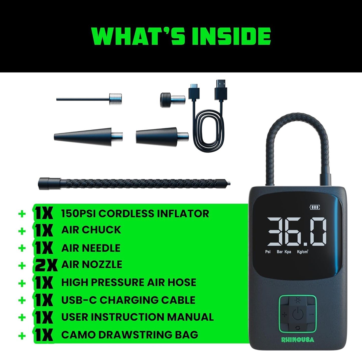 Rhino USA Tire Inflator Portable Air Compressor (150 PSI) Upgraded Air Pump for Car Tires with Digital Pressure Gauge - Best Mini Air Pump for Bike Tires with Dual LCD Screen (Black & Green)