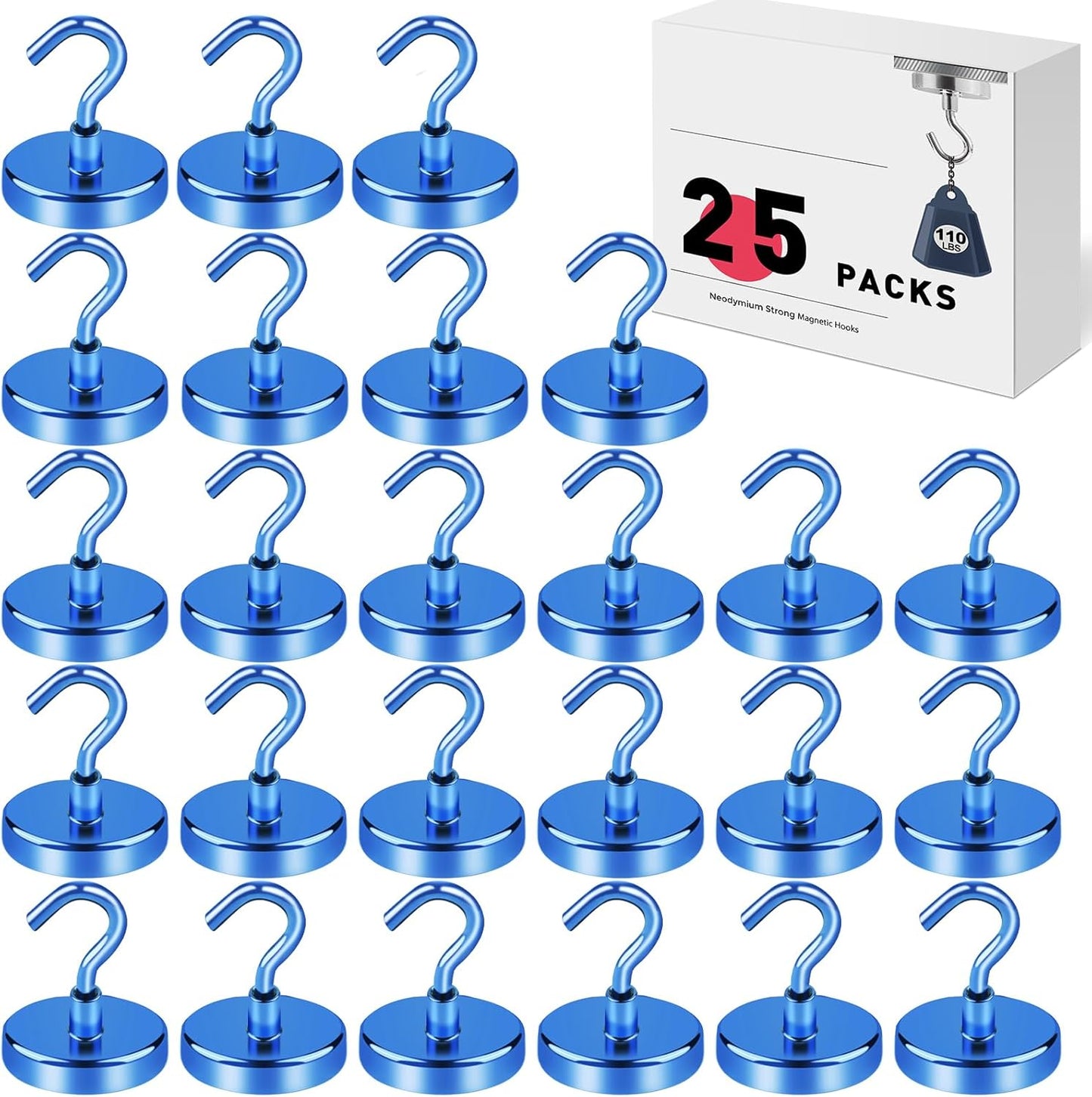 LOVIMAG Magnetic Hooks for Cruise Cabins, 110lbs Blue Magnetic Hooks for Classroom, Strong Magnets with Hooks for Hanging, Neodymium Magnet Hooks for Fridge, Ceiling, Locker, Camper, Travel-25 Pcs