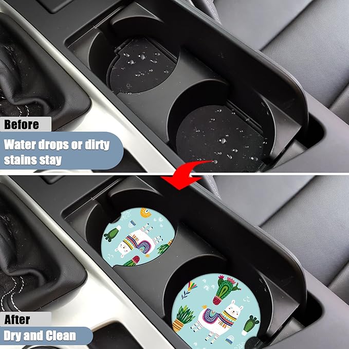 Car Cup Holder Coaster - Alpaca Plants Absorbent Ceramic Coaster 2 Pack, Car Coasters for Cup Holders, Fashion Car Interior Accessories Drink Coaster for Women & Men
