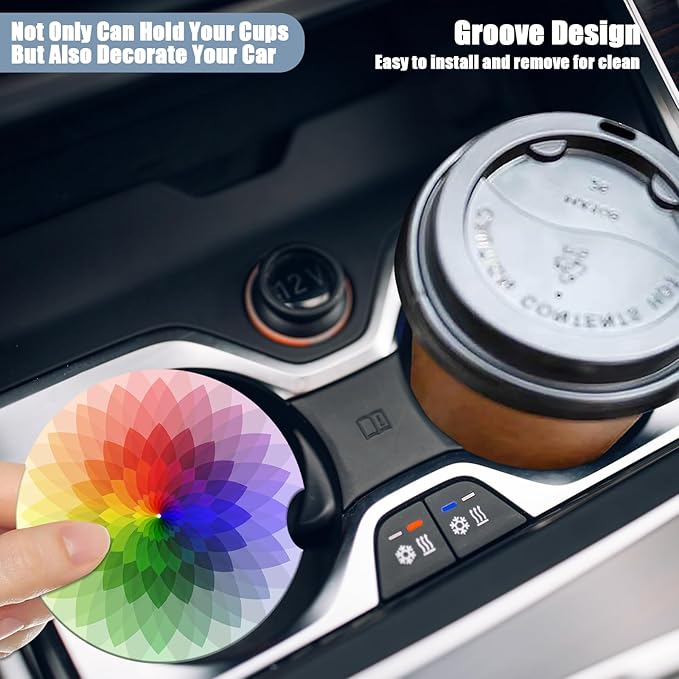 Car Cup Holder Coaster - Rainbow Flower Absorbent Ceramic Coaster 2 Pack, Car Coasters for Cup Holders, Fashion Car Interior Accessories Drink Coaster for Women & Men