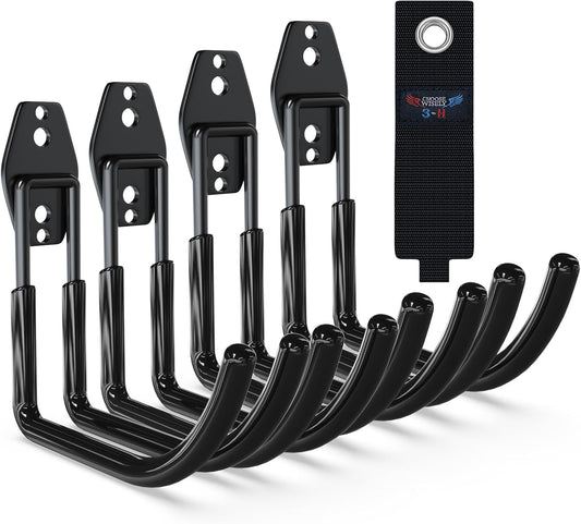 3-H Large Garden Hose Holder Wall Mount 4 Pack,Solid Steel Hose Hanger,Water Hose Holders for Outside,Perfect for Hanging Outdoor Air Hose,Ropes,Pipes,Garden Tools,Ladders,Bikes,Bulk Items(Black)