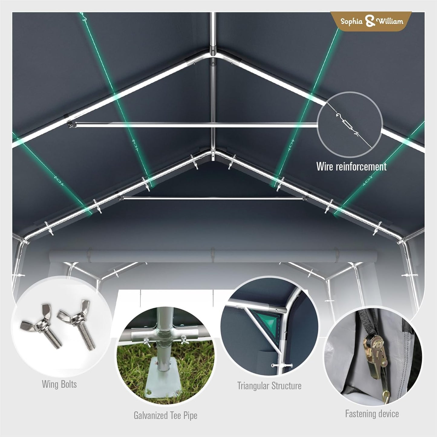 Sophia & William Carport Storage Shed 13x22 ft Portable, Heavy Duty Car Port Canopy Garage Shelter with Sidewalls and Roll Up Doors for Automobile Boat Motorcycle Bike, Gray