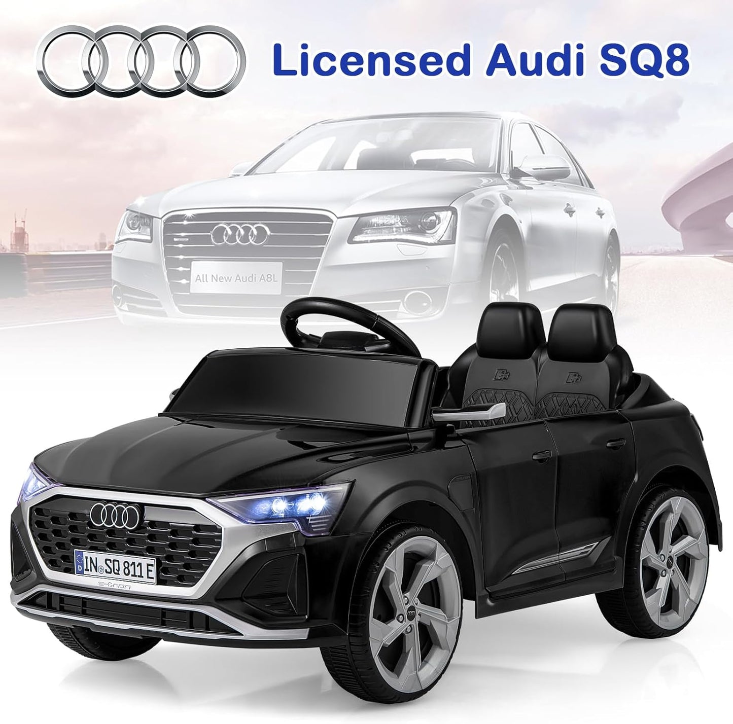 Licensed Audi SQ8 Ride on Car by OLAKIDS, 12V Kids Electric Vehicle with Remote Control, Toddlers Battery Powered Toy with 3 Speeds, Wheels Suspension, Music (Black)