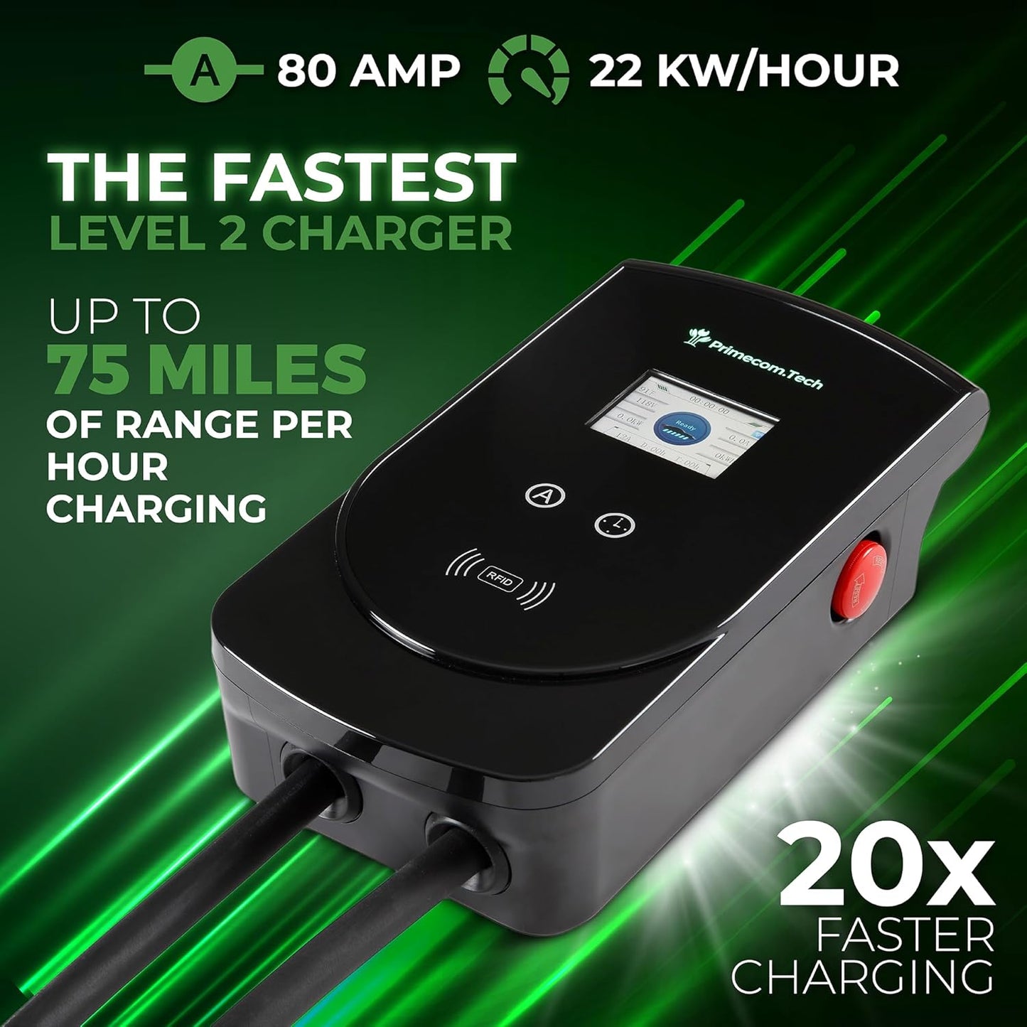 PRIMECOM 80 Amp 22KW 220Volt Level-2 18ft to 50ft Cord Lengths 20X Fast Smart Electric Vehicle EV Charging Station Ford Transit F-150 Lightning Lucid Air Polestar TeslaXS Taycan (40 Feet)