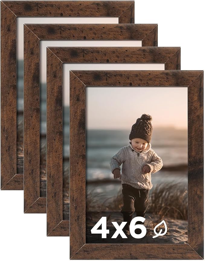 KINLINK 4x6 Picture Frame Rustic Brown Set of 4, Wooden Photo Frames with Plexiglass for 4x6 without Mat for Table and Wall Display