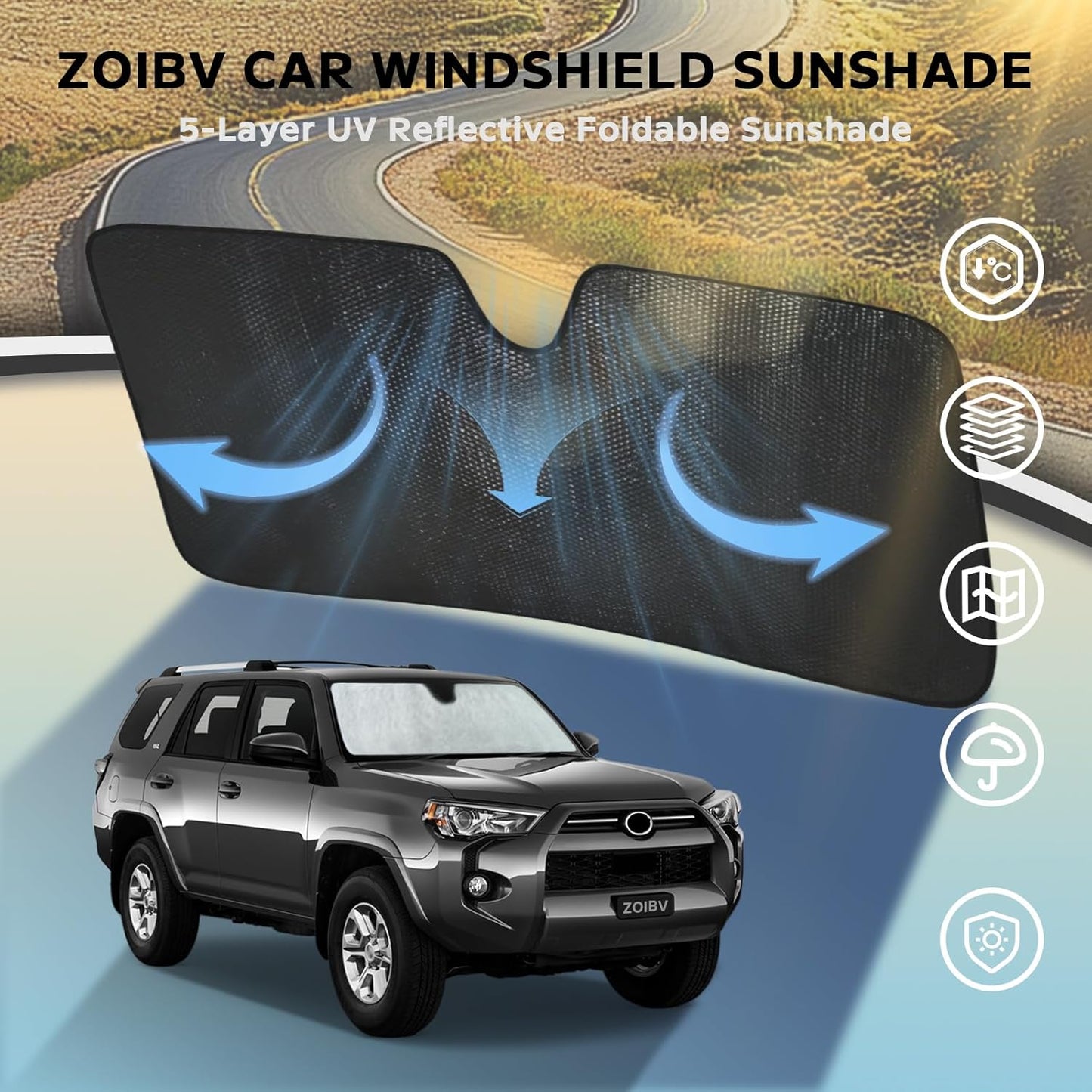 Windshield Sun Shade for Toyota 4Runner 2010-2019 4-Runner - 5-Layer Bubble Foldable Front Window Shade Sun Visor Accessories - Blocks Heat & UV Rays