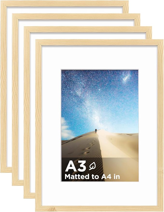 KINLINK A3 Picture Frame Wood Grain Set of 4, Wooden Photo Frames Matted A4 with Plexiglass for A4 with Mat or A3 without Mat for Wall Display