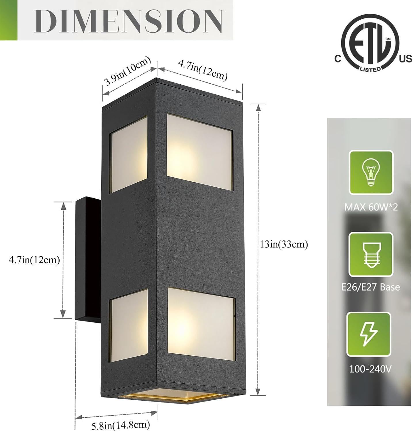 harriet Porch Lights Outdoor Modern - IP64 Waterproof Aluminum and Tempered Glass Cover, 13" Rectangular Up/Down Wall Sconce for Porch, Garage & Patio, Exterior Lighting, Black, 2 Pack