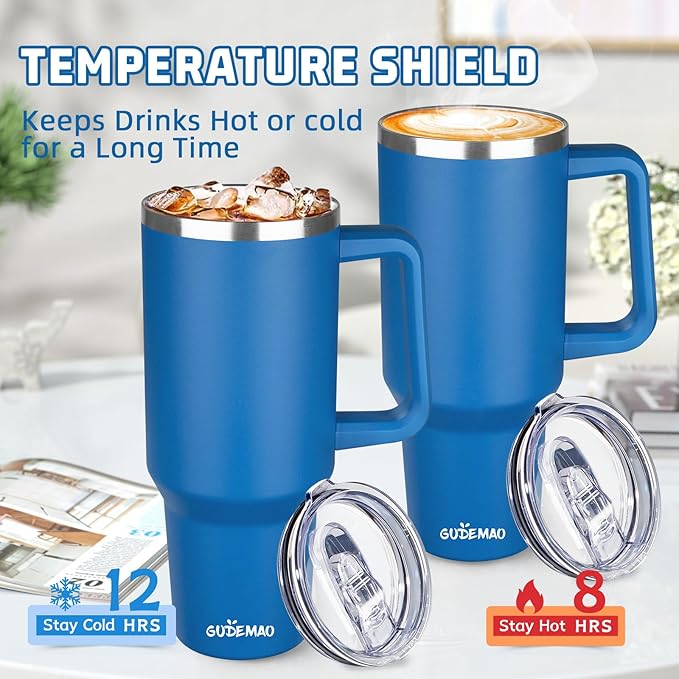 40 oz Insulated Coffee Mug with Ceramic Coating, Stainless Steel Travel Mug Tumbler with Handle Lid and Straw, Double Wall Leak-Proof Coffee Travel Mug Keeps Drink Hot and Cold (Blue)