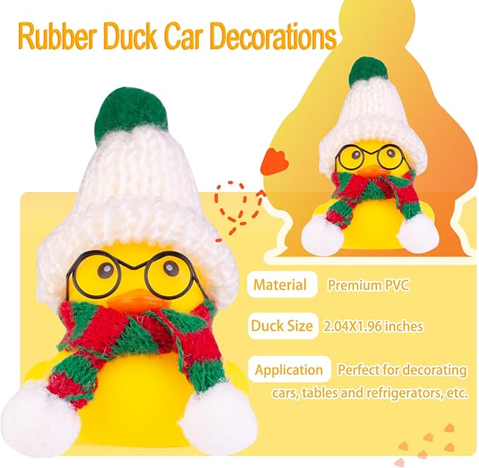 Christmas Rubber Ducks Toys Car Ornaments Yellow Duck Car Dashboard Decorations with Mini Beanie Hat Scarf and Sunglasses for Winner Home Christmas Decor, 2 Inches(E1)