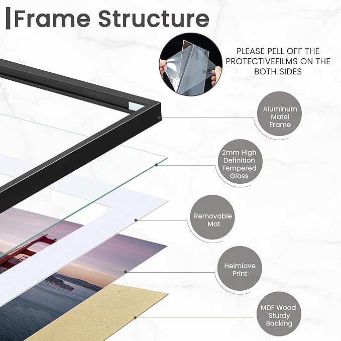 Heimlove 24x36 Black Aluminum Picture Frames, Large 20x30 Poster Frames for Wall, Versatile Wall Display Frames with Mat for 20x30 Photos for Home, Room, Office, Attached Hanging Hardware, 1Pack