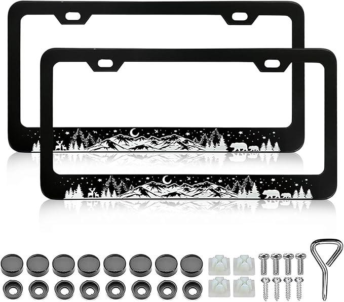 Mountains License Plate Frame - 2 PCS Deer Bear Forest Starry Sky Mountain Aluminum Metal License Plate Frames Holder Covers, Car Decorative Tag Frames for Standard Us 12x6 Inch
