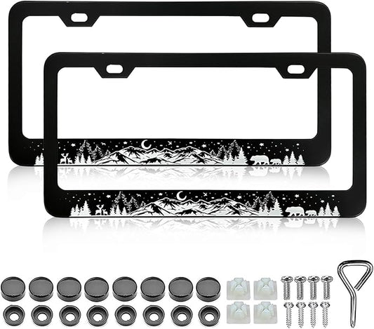 Mountains License Plate Frame - 2 PCS Deer Bear Forest Starry Sky Mountain Aluminum Metal License Plate Frames Holder Covers, Car Decorative Tag Frames for Standard Us 12x6 Inch