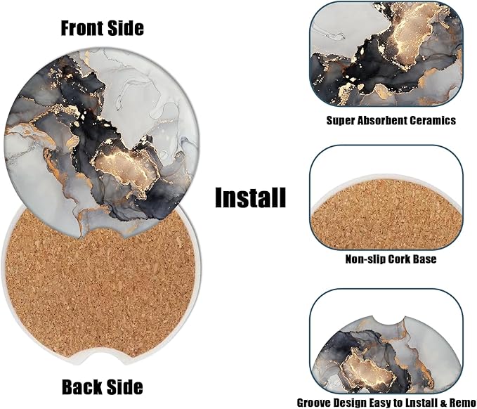 Car Cup Holder Coaster - Black White Marble Absorbent Ceramic Coaster, Car Coasters for Cup Holders, Auto Accessories for Women & Men, Pack of 2