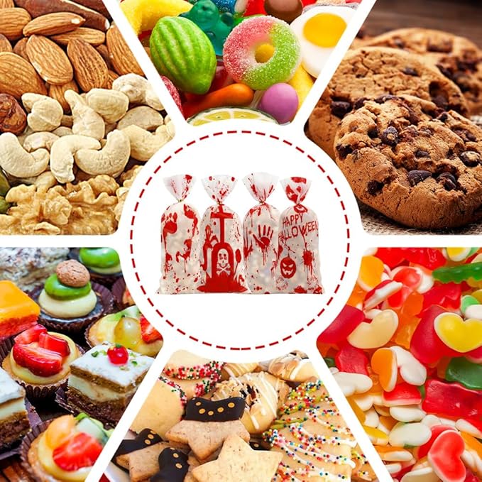 100 PCS Halloween Cellophane Bags(5.1x10.6 Inch) with Ties Horror Ghost Blood Theme Trick or Treat Bag Goodie Candy Gifts Bags Pouches for Halloween Wicked Party Favors Supplies Birthday Decorations