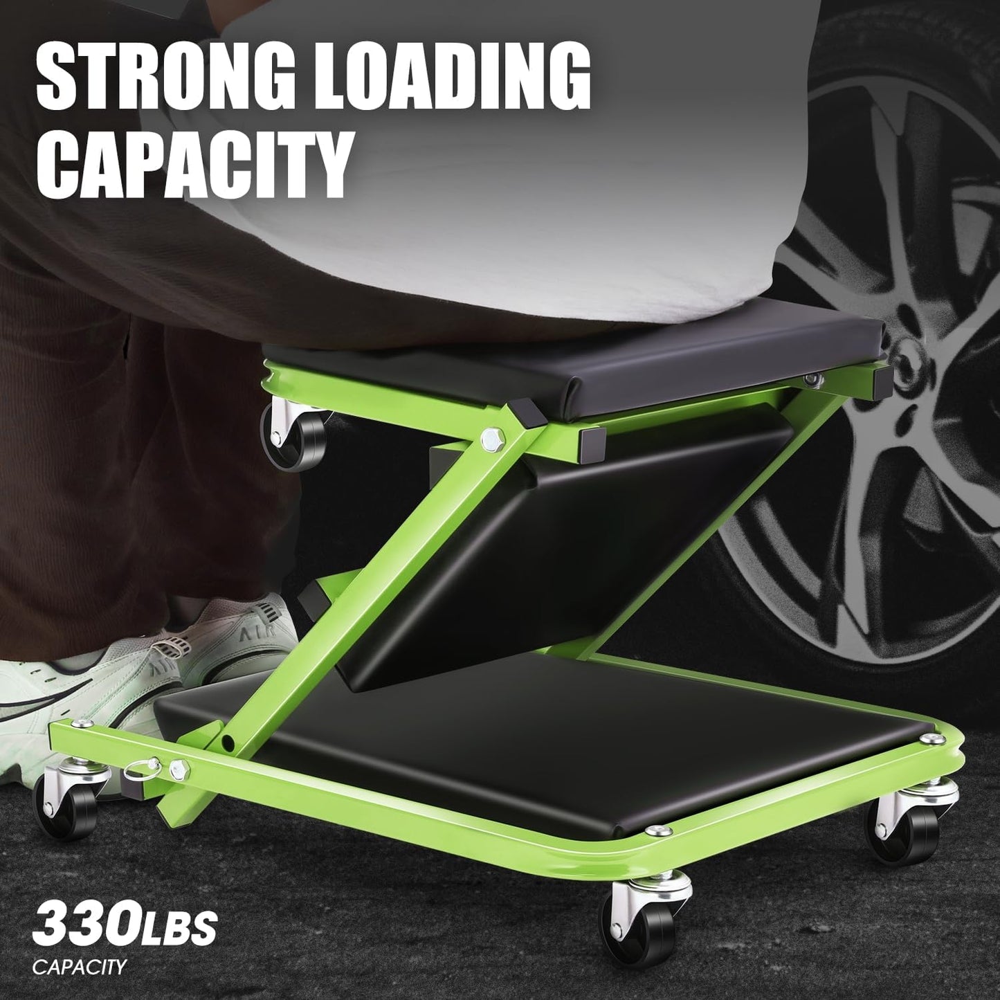 PM PERFORMOTOR 36 Inches Folding 2 in 1 Rolling Z Creeper, Adjustable Roller Garage Chair Lay Down or Sit, 6 Pcs 2" Casters, 150kg Weight Capacity, Green,PM-TOL-CPS36-GR