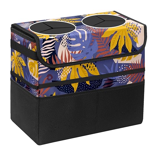 Car Trash Can Purple Palm Leaves Large Storage Garbage Can with Lid Hanging for Back Seat Leakproof Automotive Vehicle Trash Bin