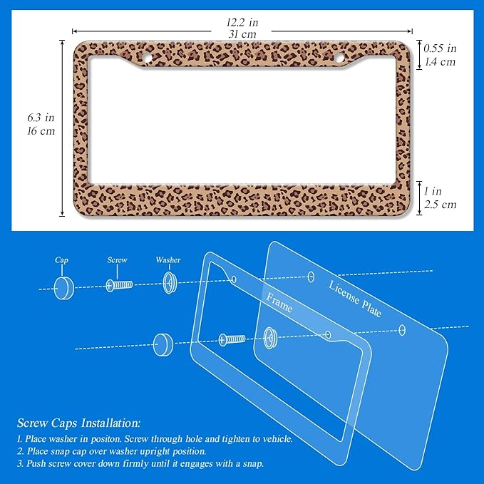 2PCS Brown Leopard Pattern License Plate Frames for Men Women - Universal Aluminum Stainless Steel Cheetah Car Tag Covers Holder with Screws, Caps, Rattle Proof Pads and Handlebar Stickers