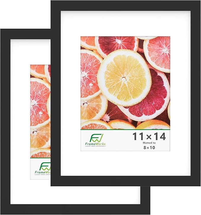 FrameWorks 2-Pack, 11x14 Matted to 8x10 Picture Frame, Black – Classic Wooden Photo Frame with Tempered Glass, Modern Matte Finish for Prints, Posters, Certificates & Wall Decor – Gallery-Ready