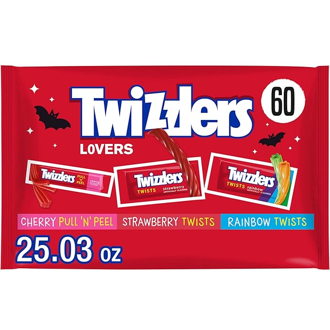 TWIZZLERS Assorted Fruit Flavored Snack Size Chewy, Halloween Candy Bag, 25.3 oz (60 Pieces)