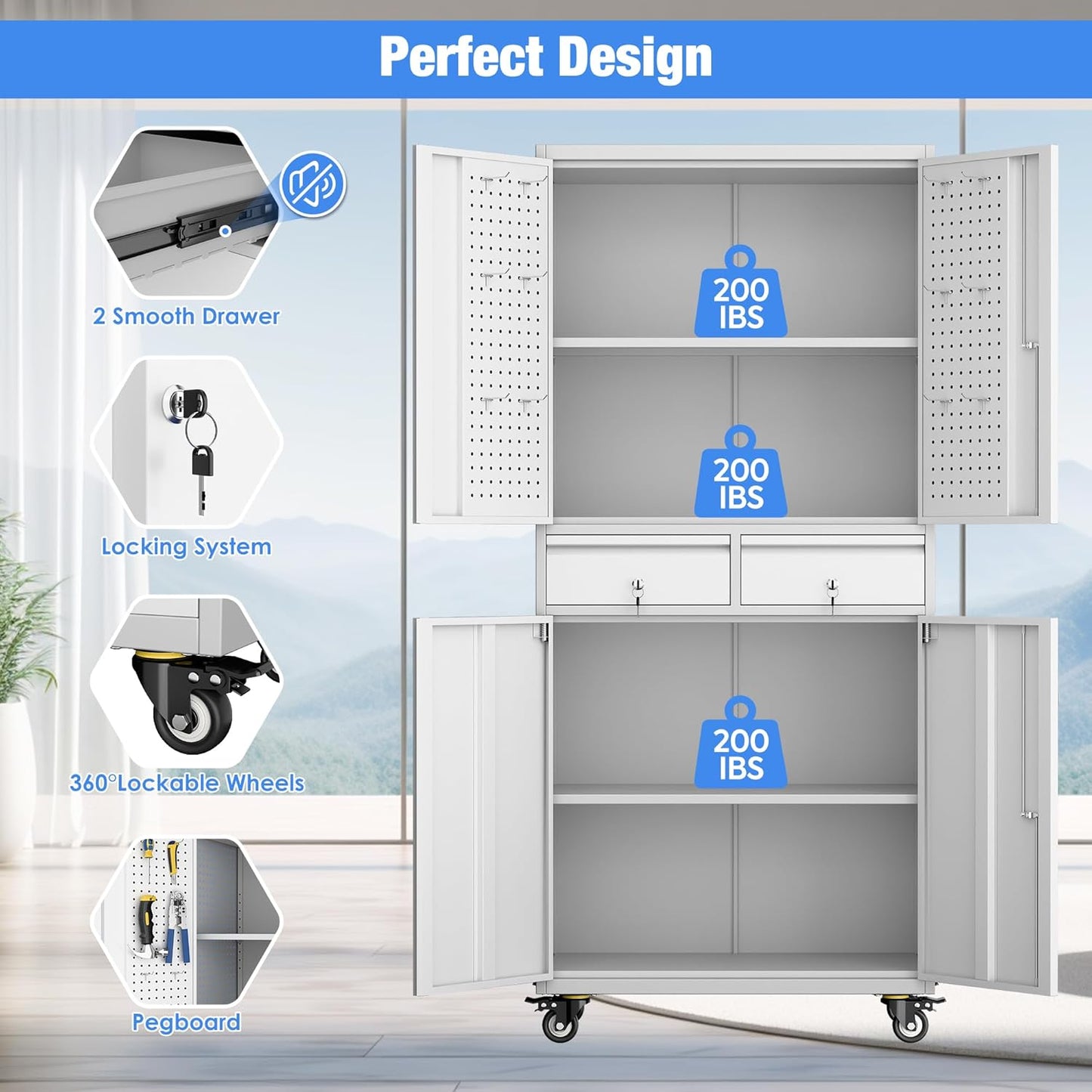 Metal Garage Storage Cabinet with Locking Doors and 2 Adjustable Shelves, Rolling Tool Storage Cabinet with 4 Wheels and 2 Drawer for Garage, Warehouse, White and Gray, Assembly Required