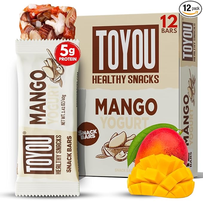 ToYou Chewy Fruit and Nut Bars - Healthy Protein Snacks | Mango Yogurt - 1.41 Ounce (Pack of 12) | Soft Chewy, Fiber-packed Granola Bars for Adults and Kids, Made with Natural Ingredients