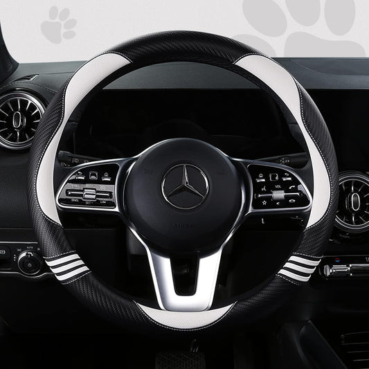 Car Steering Wheel Covers for Women Padded Carbon Fiber PU Leather Cute Auto Interior Accessories for Vehicle, Sedan, Universal, Anti Slip, White, Standard Size 14.5-15"(37-38cm)