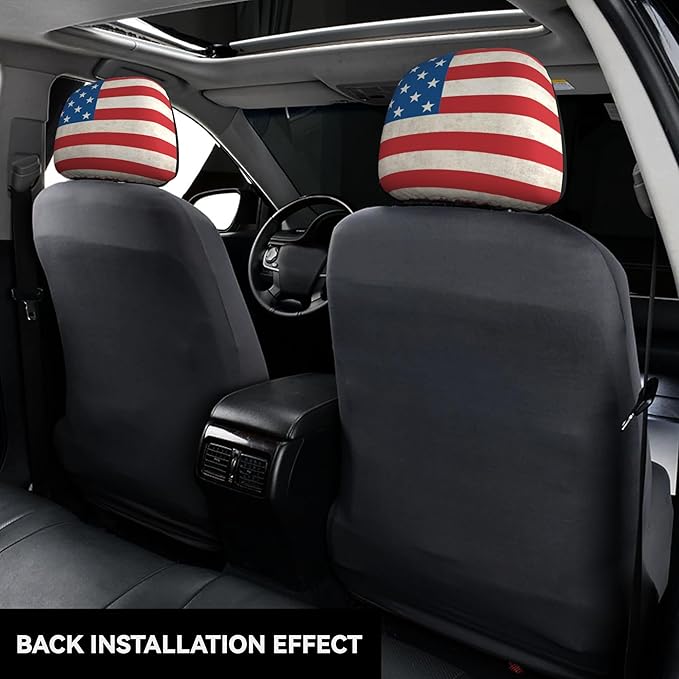 American Flag Skull Car Headrest Covers 2 Pack – Double-Sided Patriotic Skull & USA Flag Design – Universal Fit Stretch Seat Headrest Protector for Cars, SUVs, Trucks