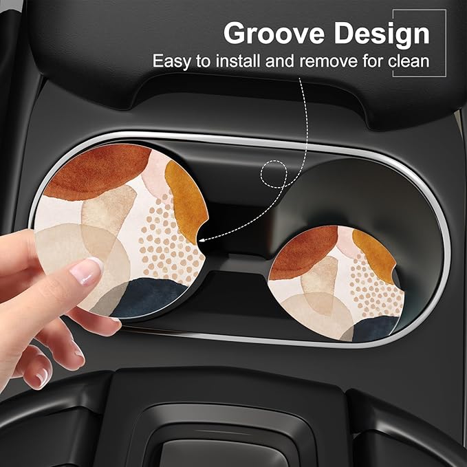 Car Cup Holder Coaster, Car Coasters for Cup Holders, 4 Pack Universal Anti Slip Insert Absorbent Ceramic Auto Interior Accessories with A Finger Notch & Cork Base, Simple Abstract Art