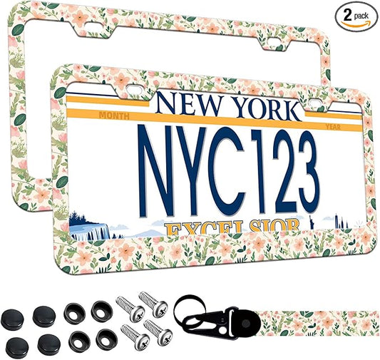2-Pack Pink Floral License Plate Frames, 2 Holes Pink Flower License Plate Holder for Women Man, Floral and Green Foliage License Plate Cover fits US Vehicles with Keychain Wrist Lanyard