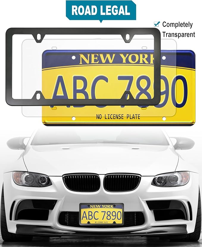 Clear License Plate Frames Covers- 2 Pack Flat Car Tag Protector and Black Aluminum Holder, Road Legal Unbreakable Acrylic Protective Shield with Screws Caps for Front Rear