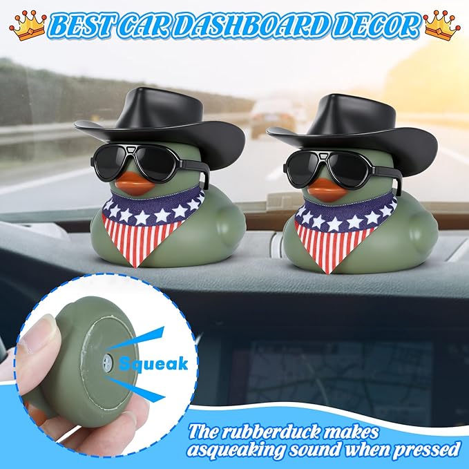 Military Green Rubber Duck Car Ornament with Cowboy Hat, Sunglasses & Bandana - Funny Dashboard Decor Accessories for Car, Desk or Home