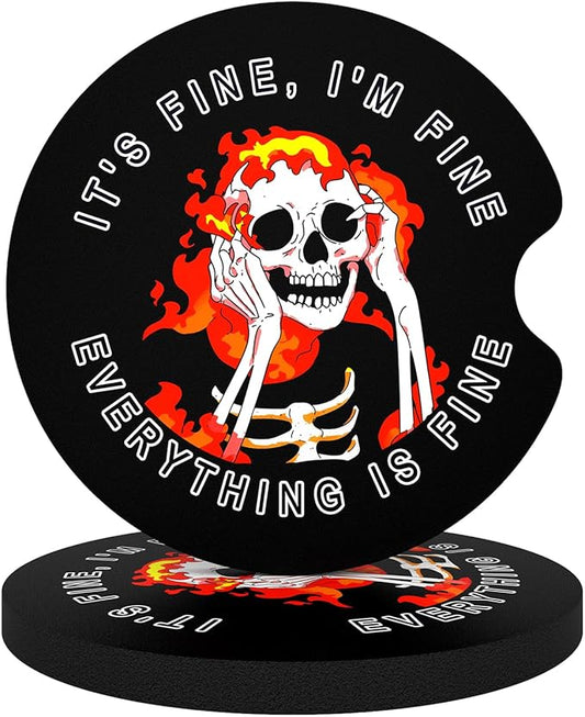 Car Cup Holder Coasters, 2 Pack Universal Auto Anti Slip Insert Coaster with A Finger Notch, Cute Car Assecories for Women Men, Cup Mat for Most Interior, Fine Skull