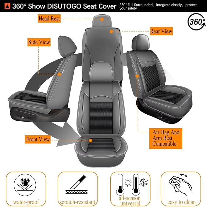 2 Front Seat Covers Fit for Nissan Frontier 2009-2024 2025: Car Seat Covers Leather Waterproof Ice Silk Breathable Car Seat Cushion Protector (2 Seats, Black & Grey)