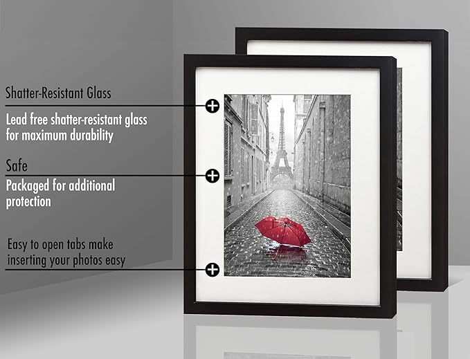 Americanflat 11x13 Picture Frame with Shatter-Resistant Glass - Set of 2 - Use as 8x10 Frame with Mat or Display 11x13 Photo Without Mat - Signature Collection - Picture Frames for Wall - Black