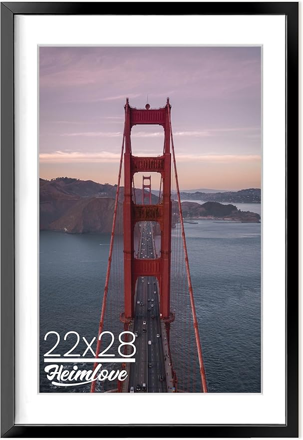 Heimlove 22x28 Aluminum Picture Frames, Large 22x28 Poster Frames for Wall, Versatile Wall Display Frames with Mat for 18x24 Photos for Home, Bedroom, Office, Wall Hook Included - 1Pack, Black