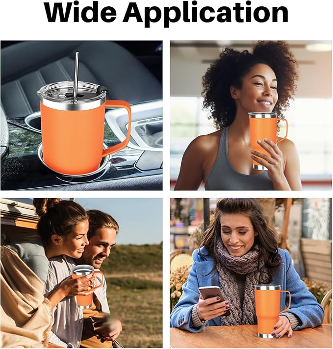 20 oz Tumbler with Handle, Stainless Steel Insulated Tumbler with Lid and Straw, Double Wall Vacuum Insulated Coffee Mug Tumbler, Insulated Coffee Thermal Cup for Cold and Hot（Orange）