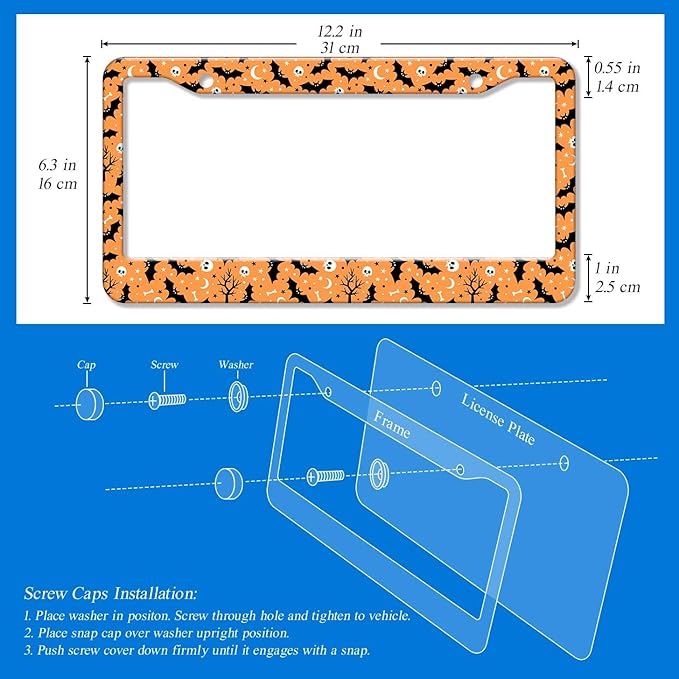 2PCS Halloween Orange Bat Pattern License Plate Frames for Men Women - Universal Aluminum Stainless Steel Personalized Car Tag Covers Holder with Screws, Caps, Rattle Proof Pads and Handlebar Stickers